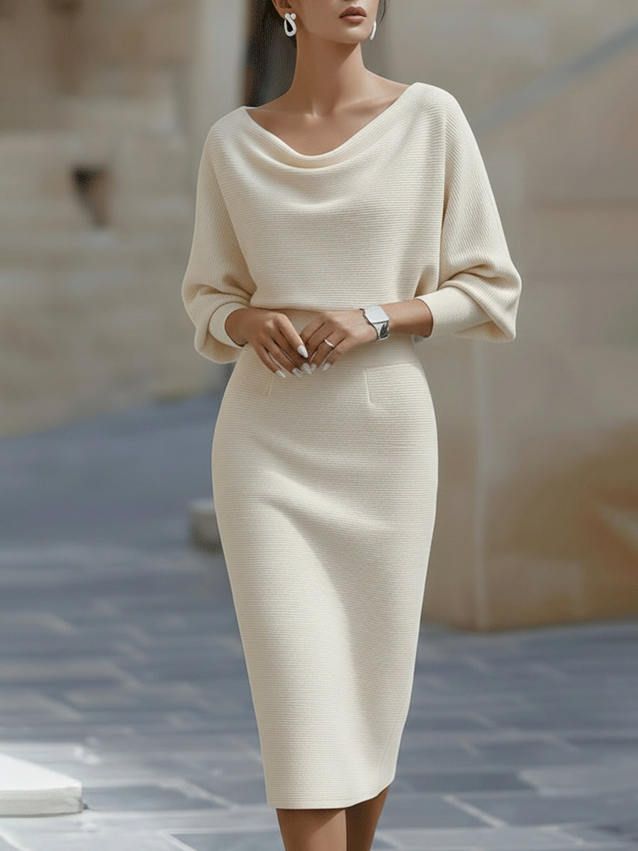 Women's Round Neck Midi Dress with Batwing Sleeves in Navy, White, Beige, Black, Green & Grey — Flowing Draped Silhouette for Daywear and Special Occasions | Koossa