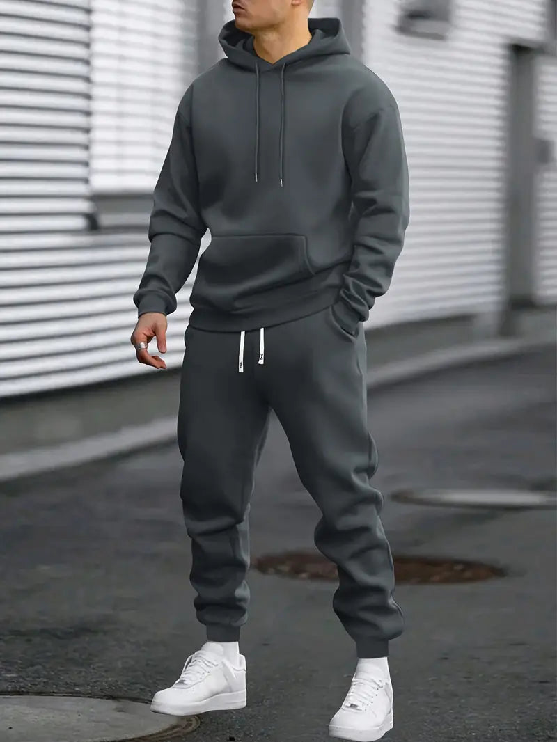 Men's Cotton-Blend Tracksuit with Hooded Top and Tapered Joggers in Grey, Black & Khaki | All-Day Comfort for Active Leisure | Koossa