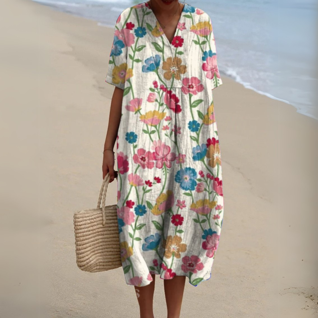 Floaty V-Neck Cotton Linen Dress in Vibrant Prints for Summer Occasions Garden Parties Warm Days | Koossa
