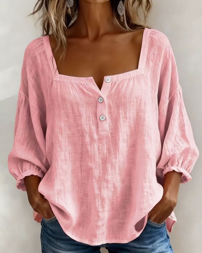 Women's Square Neck Puff Sleeve Blouse in Cotton Blend – Classic Feminine Wardrobe Essential for Every Season | Koossa