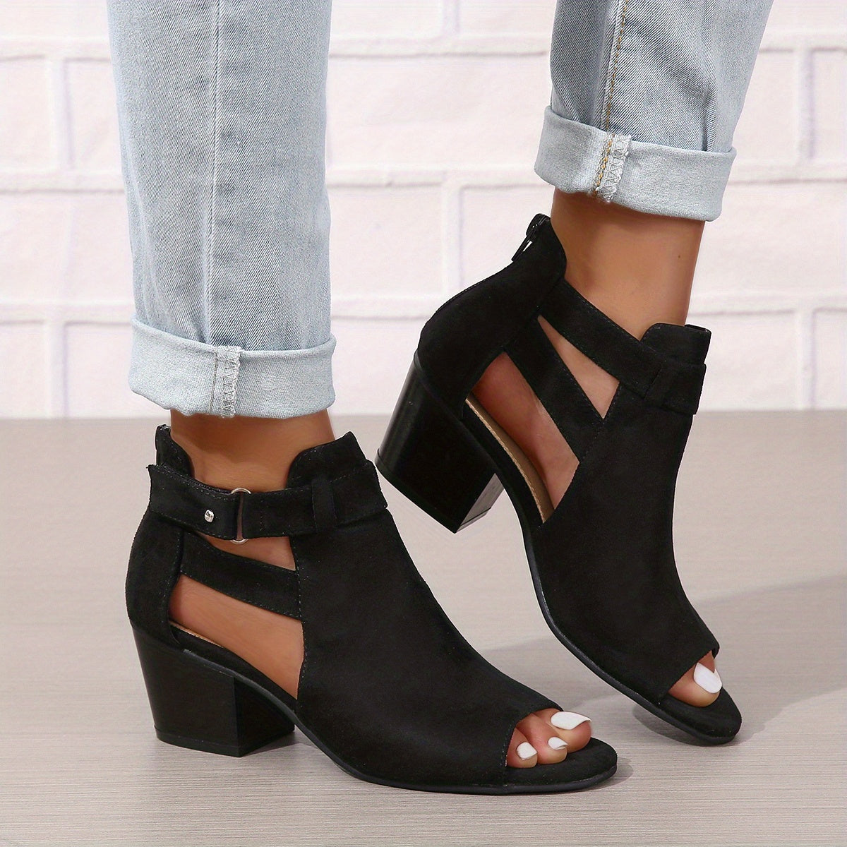 Women's Peep-Toe Block Heel Sandals with Ankle Strap and Cut-Out Detail for Summer Occasions | Koossa