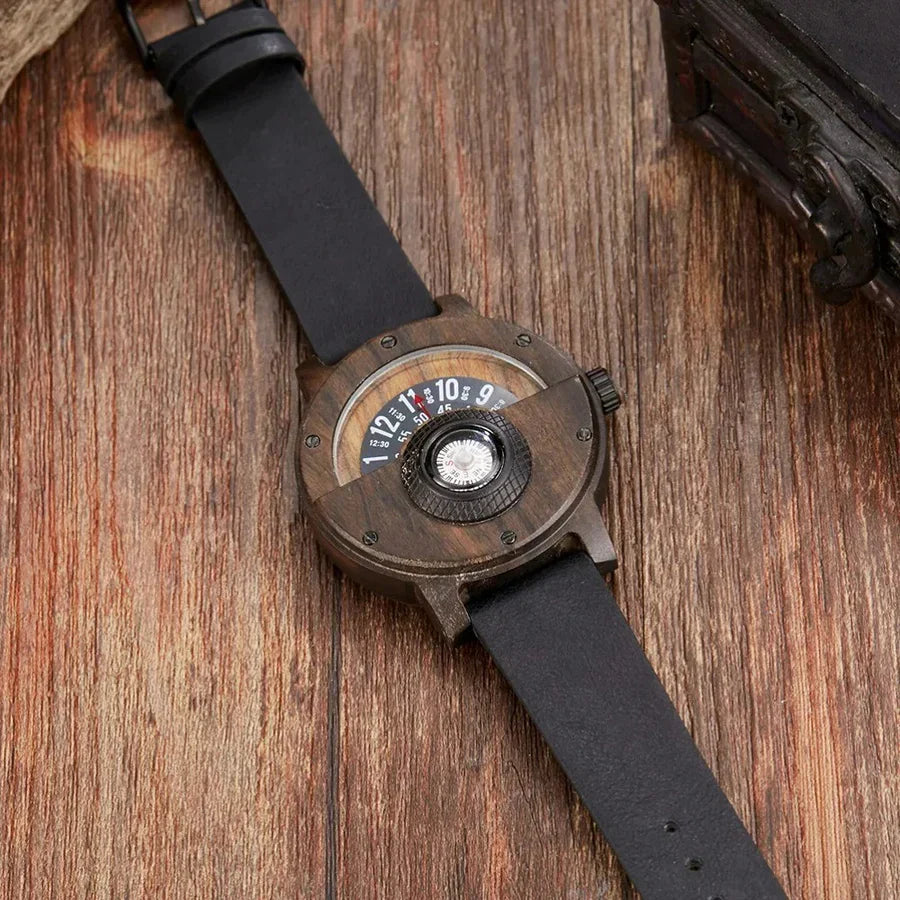Men's Wooden Watch with Leather Strap — Classic Timepiece with Compass for Everyday Elegance | Koossa