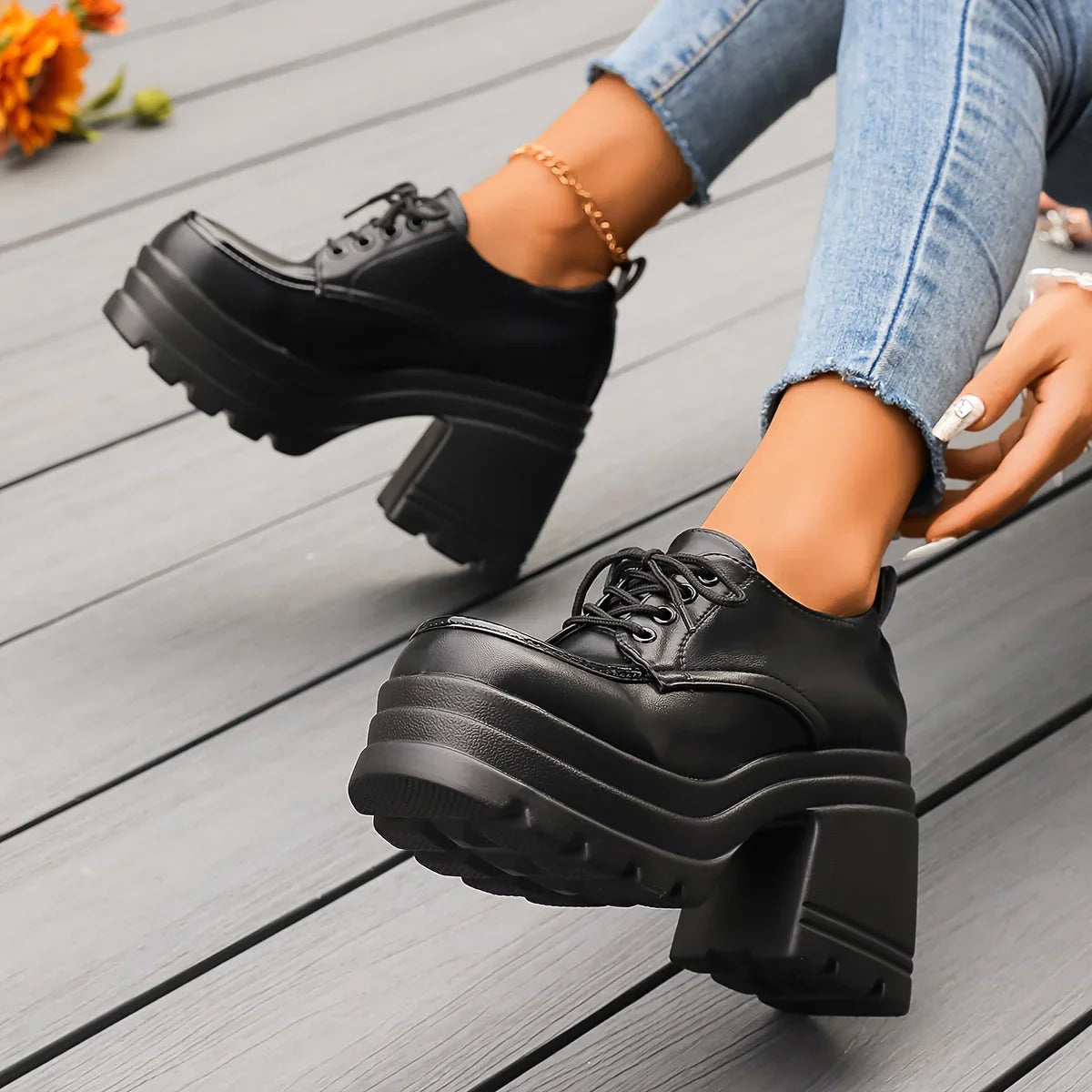 Women's Platform Block Heel Lace-Up Ankle Boots in Black and Brown – Retro-Inspired Statement Footwear for Elevated Everyday Style | Koossa