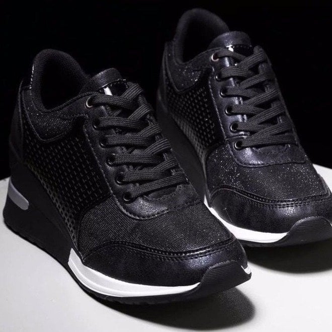 Women's Hidden Wedge Trainers with Lace-Up Detail in Gold, Grey, Black and Leopard Print for Everyday Elegance and Elevated Comfort | Koossa