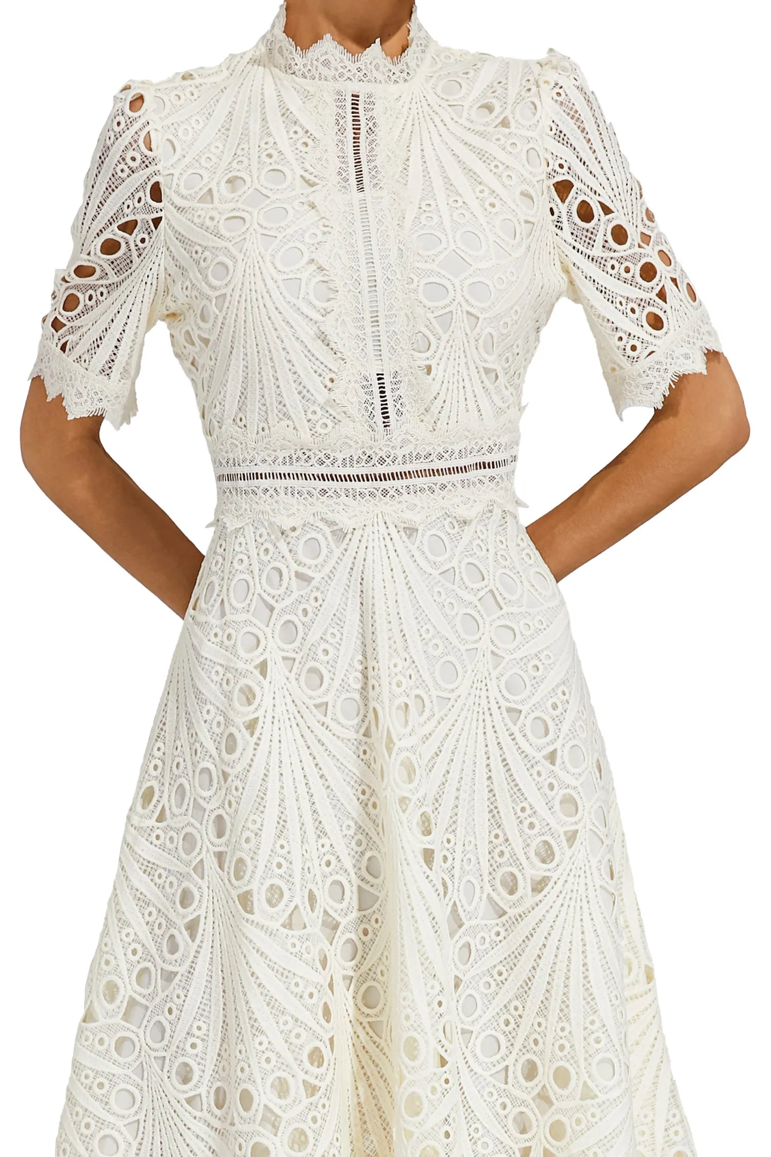 Midi Dress with High Neckline and Scalloped Hem in Pink and White – Elegant Fit-and-Flare Silhouette Perfect for Formal Occasions Graduation Ceremonies Wedding Guest | Koossa