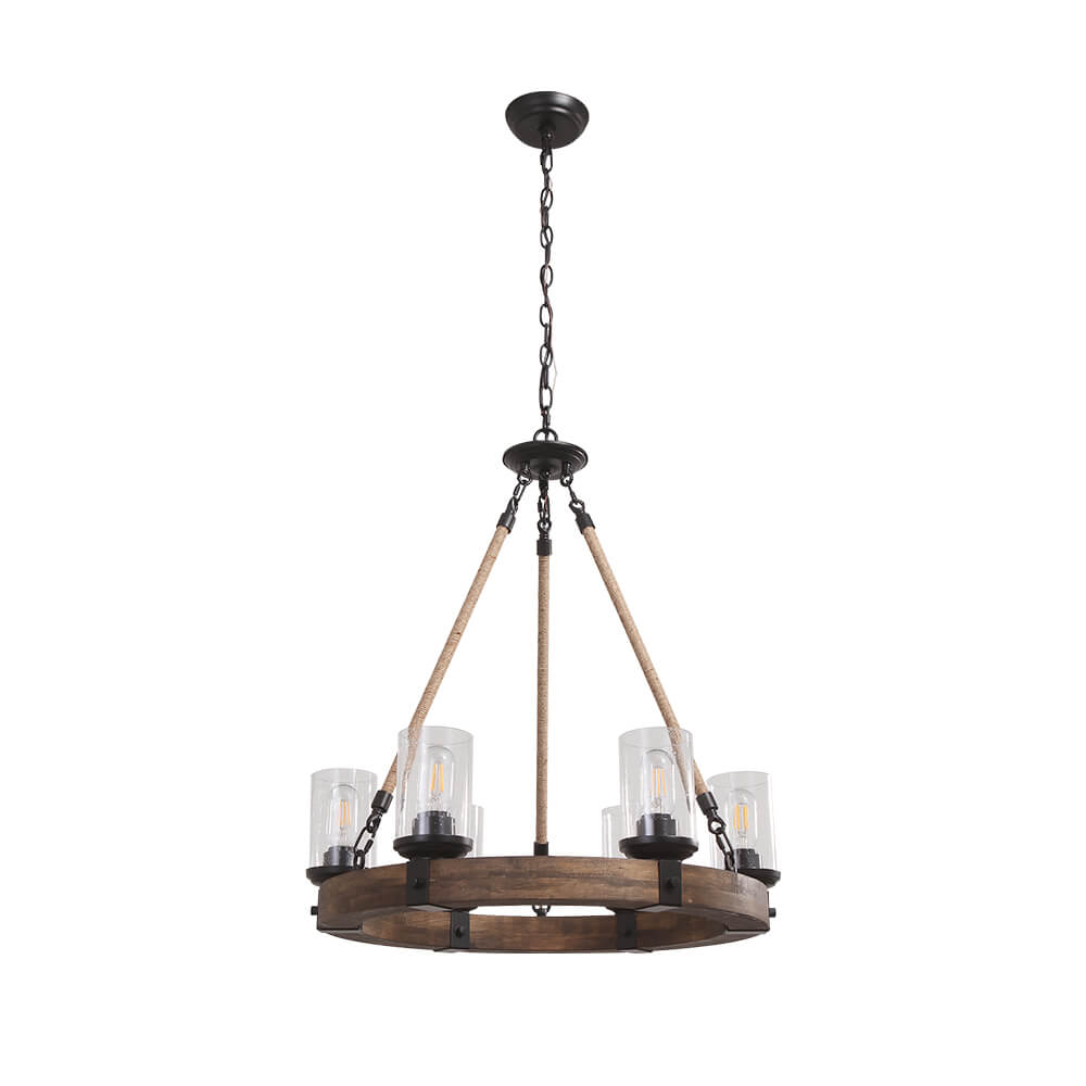 Rustic Wagon Wheel Ceiling Light 6-Arm with Textured Glass Globes for Dining Room Kitchen Farmhouse Living Room Adjustable Chain | Lonoma
