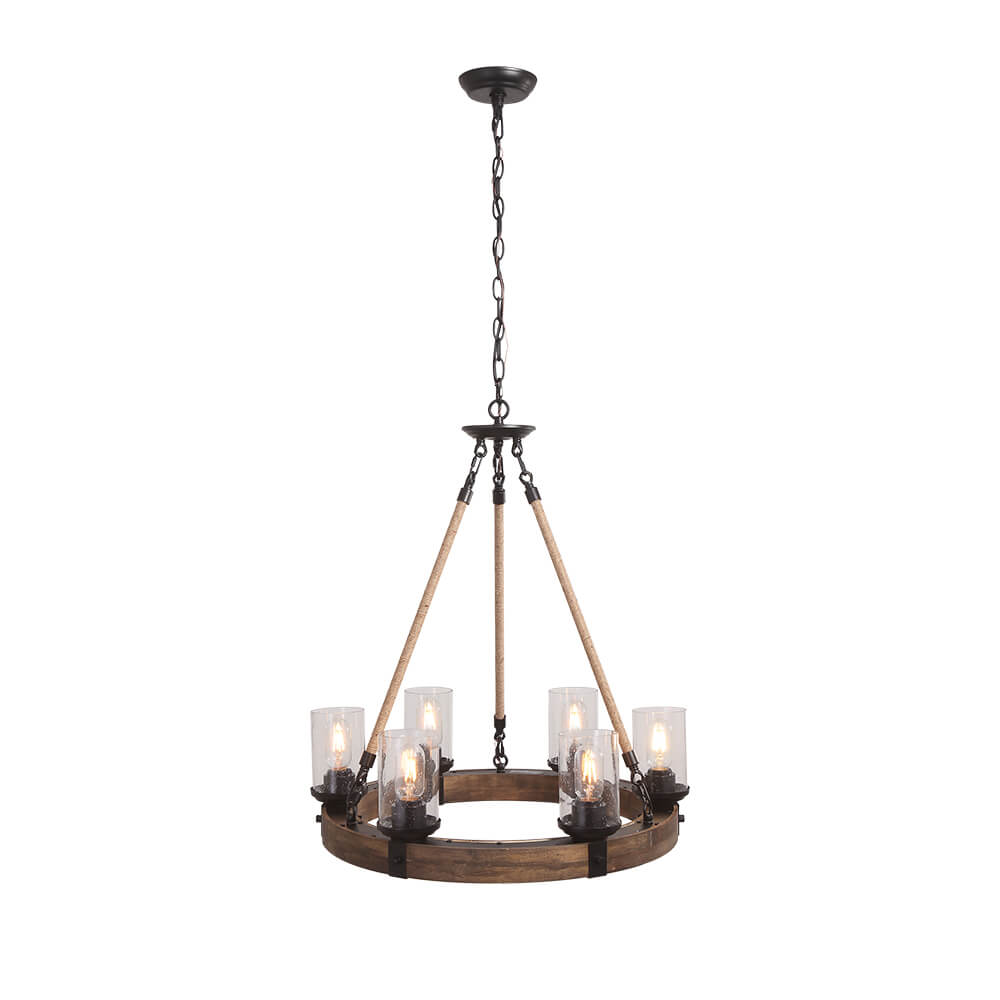 Rustic Wagon Wheel Ceiling Light 6-Arm with Textured Glass Globes for Dining Room Kitchen Farmhouse Living Room Adjustable Chain | Lonoma