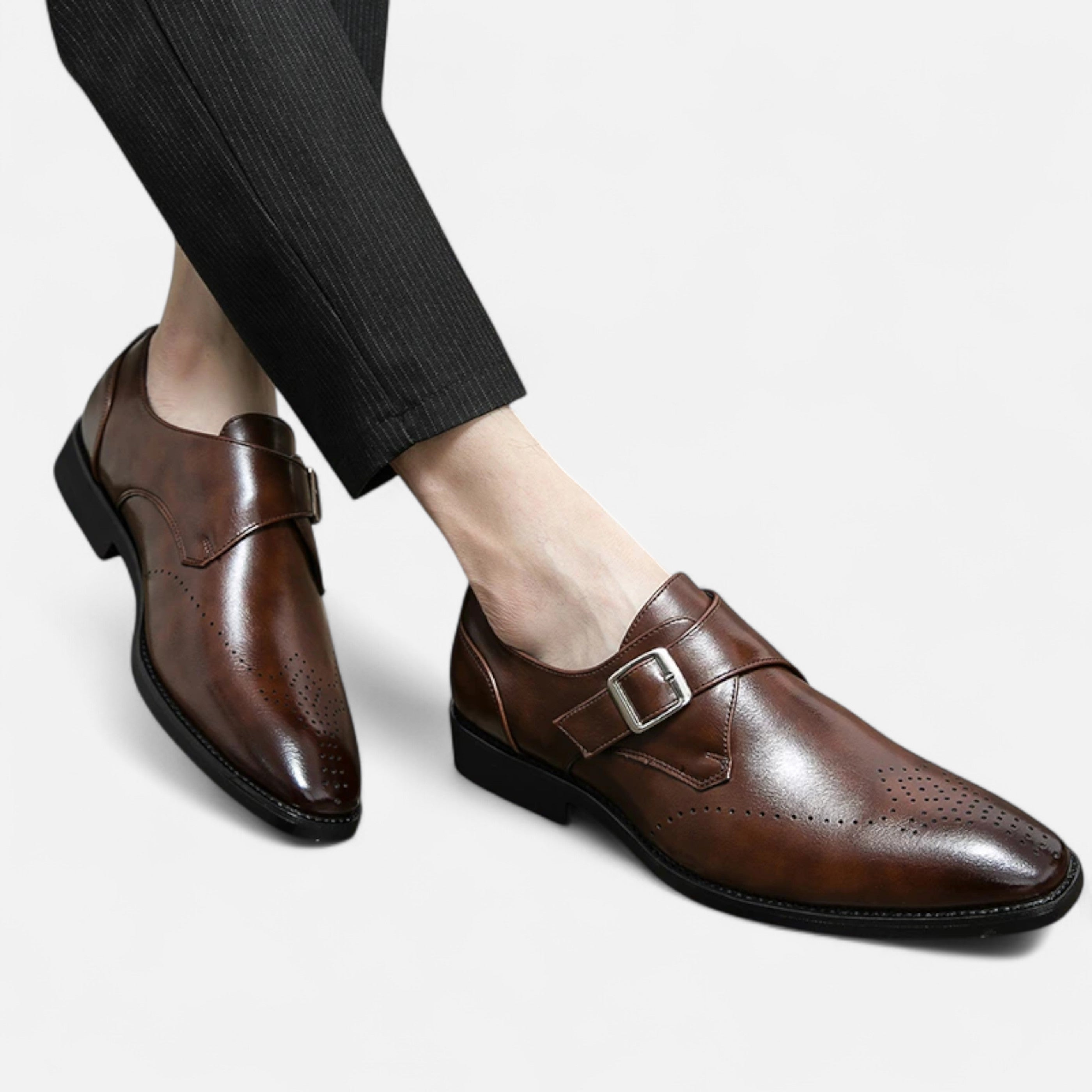 Single Monk Strap Formal Shoes in Black and Brown for Weddings and Business | Classic Buckle Fastening Dress Shoes with Subtle Brogue Detailing | Men's Premium Leather-Look Footwear | Koossa