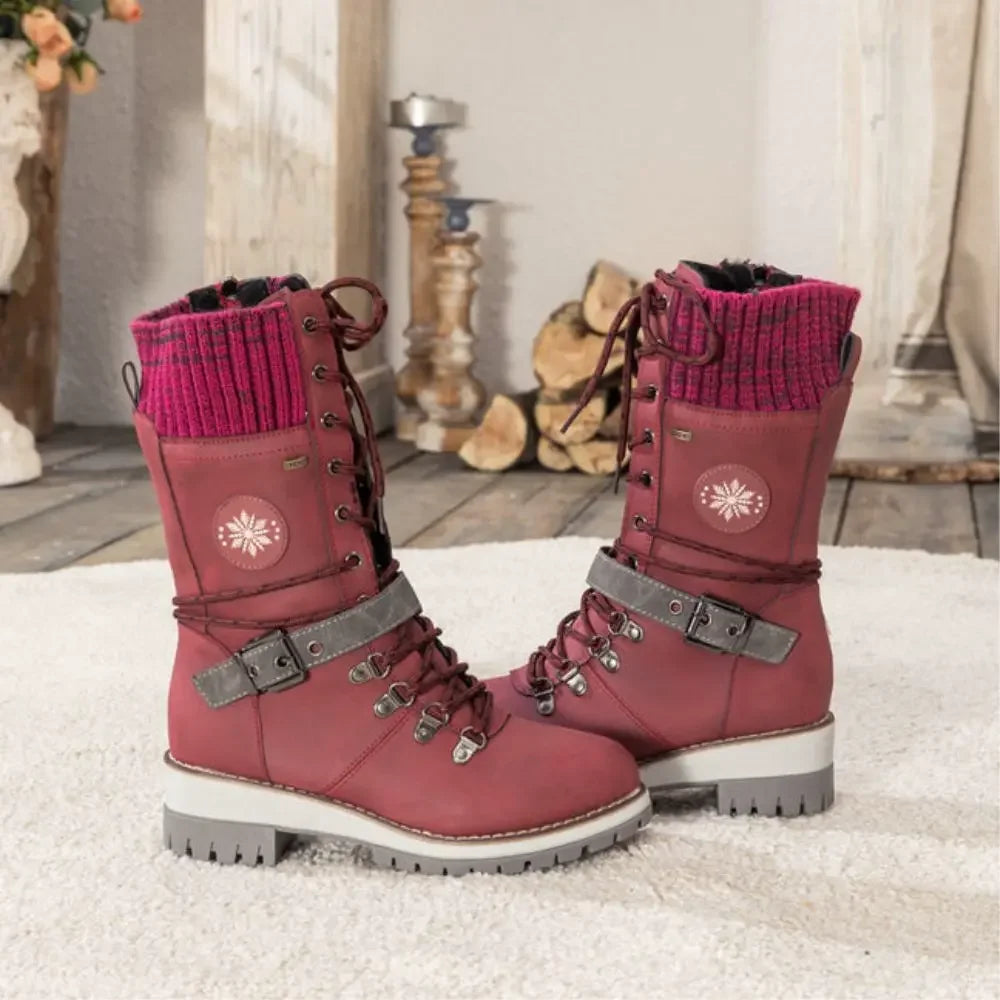 Women's Lace-Up Winter Boots with Knitted Cuff in Black, Grey, Brown | Chunky Anti-Slip Sole for Snow and Ice | Warm Lined Ankle Boots with Buckle Detail | Koossa