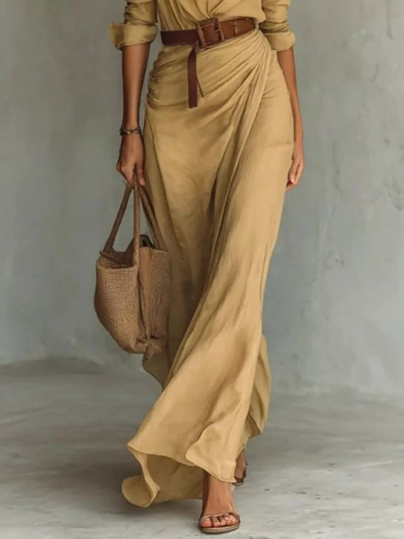 Women's Belted Maxi Dress with Long Sleeves in Khaki, Black, White & Navy Blue – Elegant Flowing Full-Length Dress for Day and Evening | Koossa