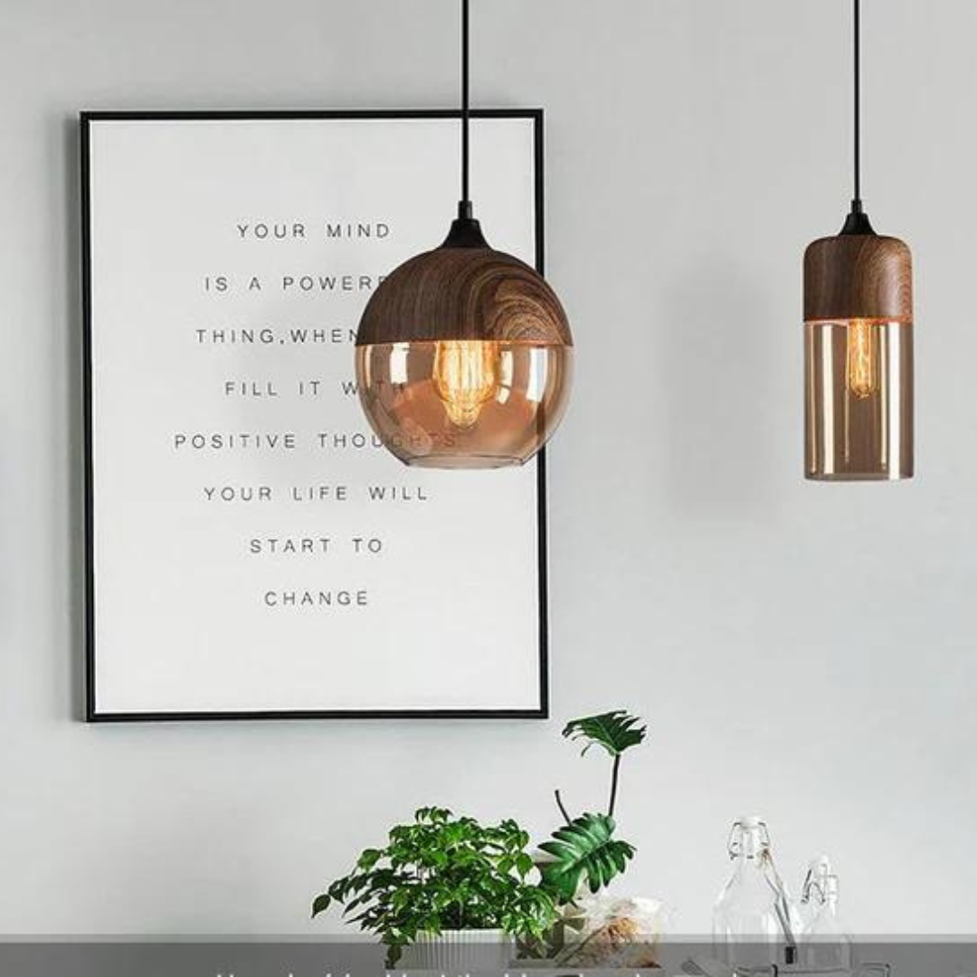 Suspension en Verre Teinté et Métal Effet Bois – Éclairage Ambiance Scandinave Douce pour Salon et Salle à Manger | Koossa