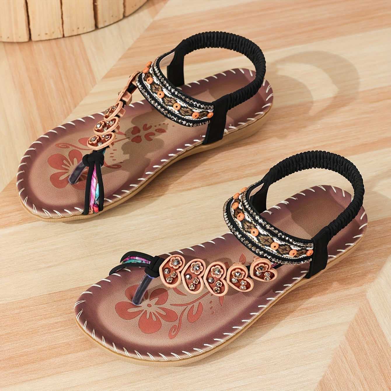 Women's Beaded Flat Sandals with Ankle Strap – Embellished Toe-Post Summer Footwear in Versatile Colours | Koossa
