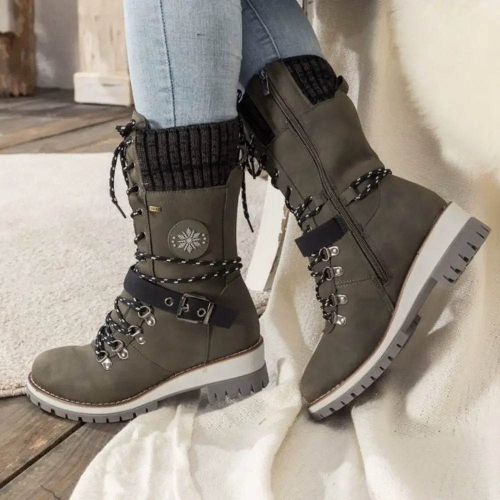 Women's Lace-Up Winter Boots with Knitted Cuff in Black, Grey, Brown | Chunky Anti-Slip Sole for Snow and Ice | Warm Lined Ankle Boots with Buckle Detail | Koossa