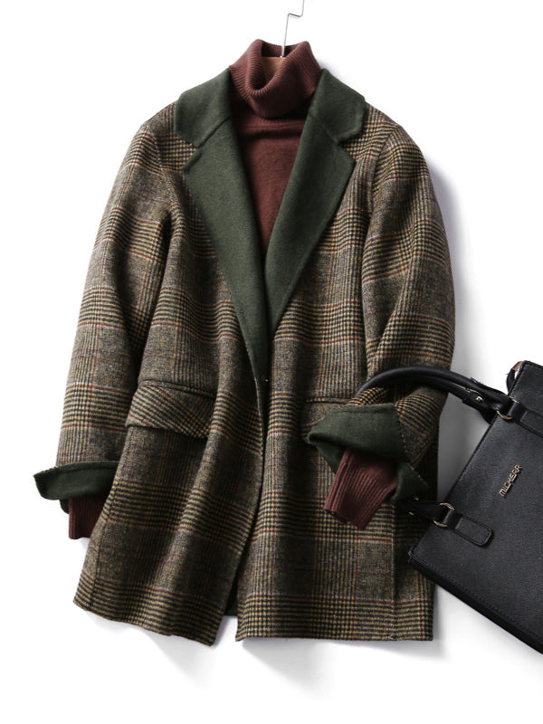 Women's Beige Checked Winter Coat — Classic Double-Breasted Wool-Blend Coat for Cold Weather & Everyday Elegance | Koossa