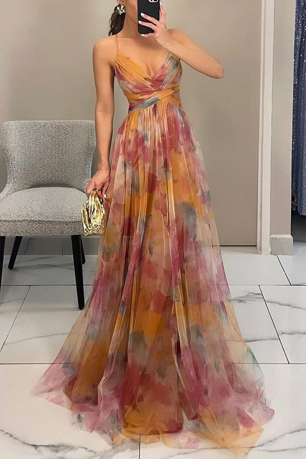 Watercolour Floral Maxi Dress with Pleated Skirt | Cross-Wrap Bodice | Adjustable Straps | Women's Full-Length Occasion Dress | Koossa