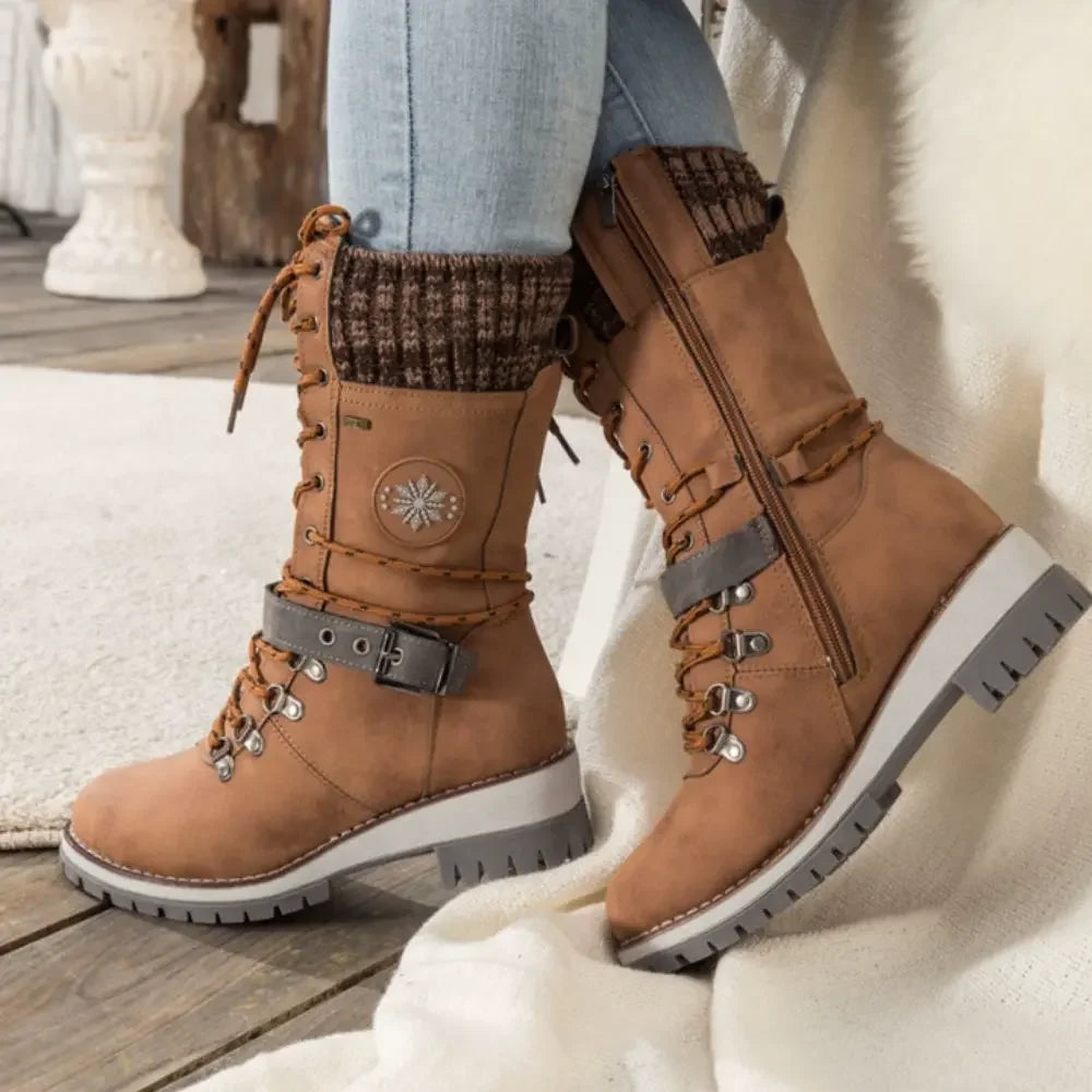 Women's Lace-Up Winter Boots with Knitted Cuff in Black, Grey, Brown | Chunky Anti-Slip Sole for Snow and Ice | Warm Lined Ankle Boots with Buckle Detail | Koossa