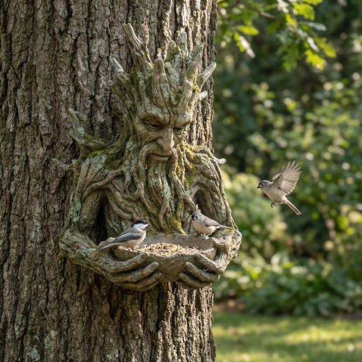 Mangeoire murale visage d'arbre en résine pour oiseaux sauvages décoration jardin extérieur sculpture nature | Koossa