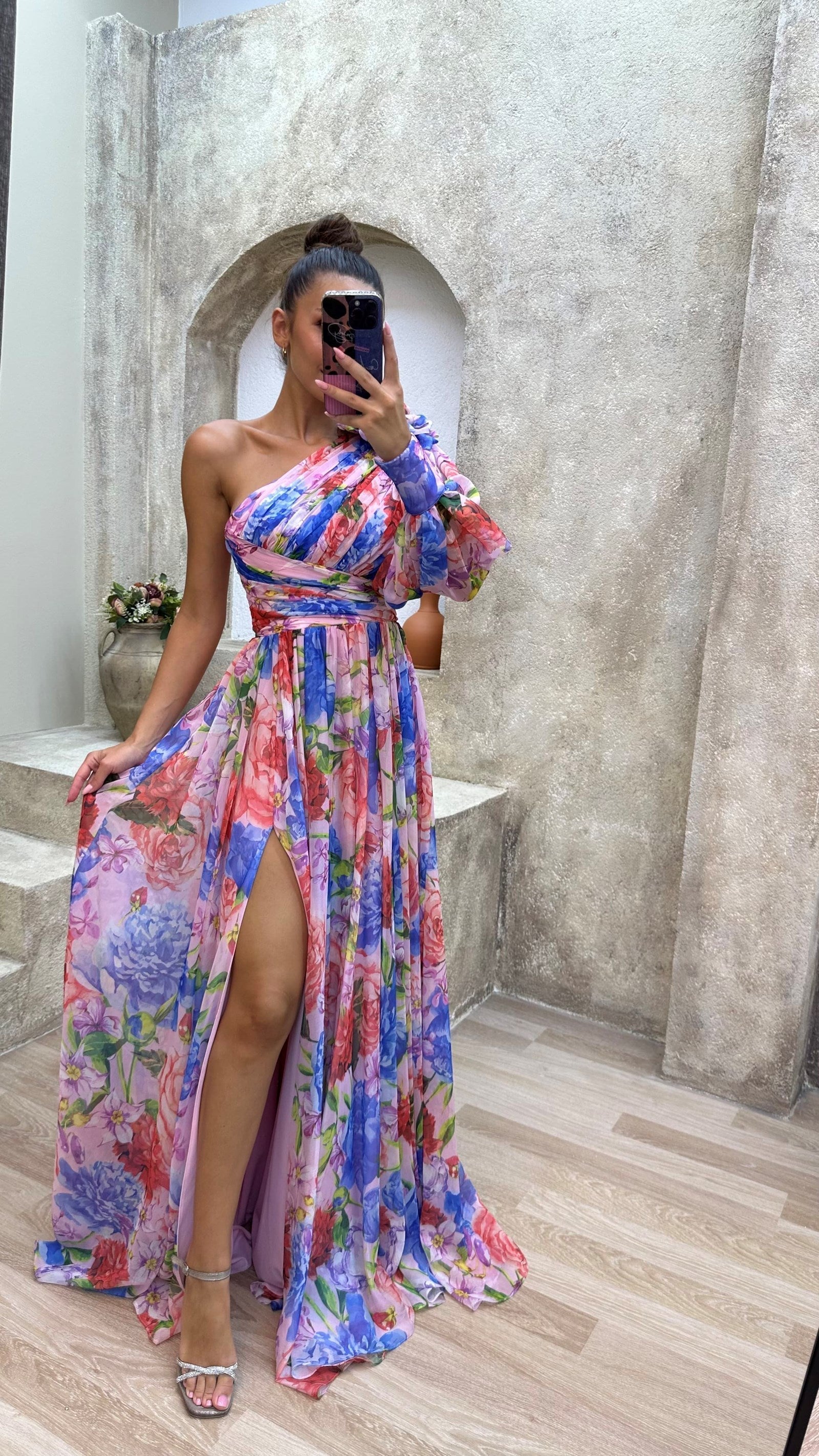 Asymmetric One-Shoulder Maxi Dress with Pleated Skirt in Floral Print for Special Occasions and Evening Events | Koossa