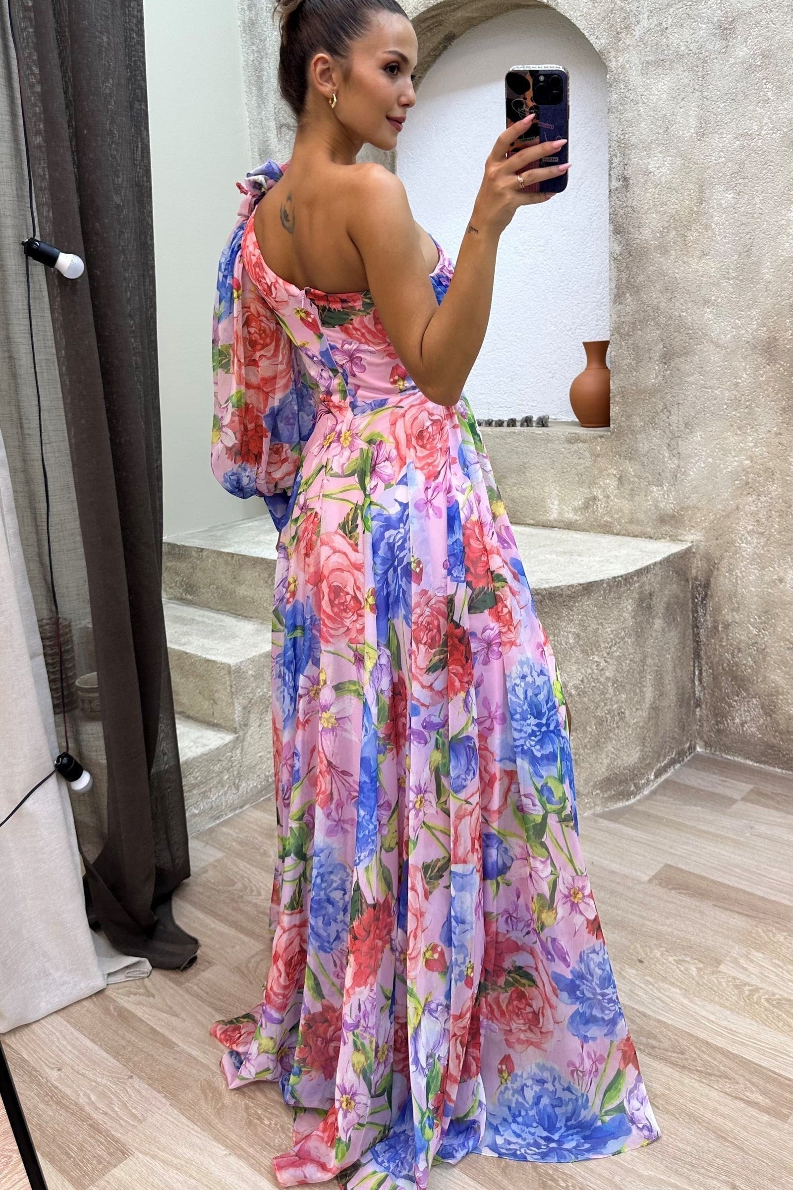 Asymmetric One-Shoulder Maxi Dress with Pleated Skirt in Floral Print for Special Occasions and Evening Events | Koossa