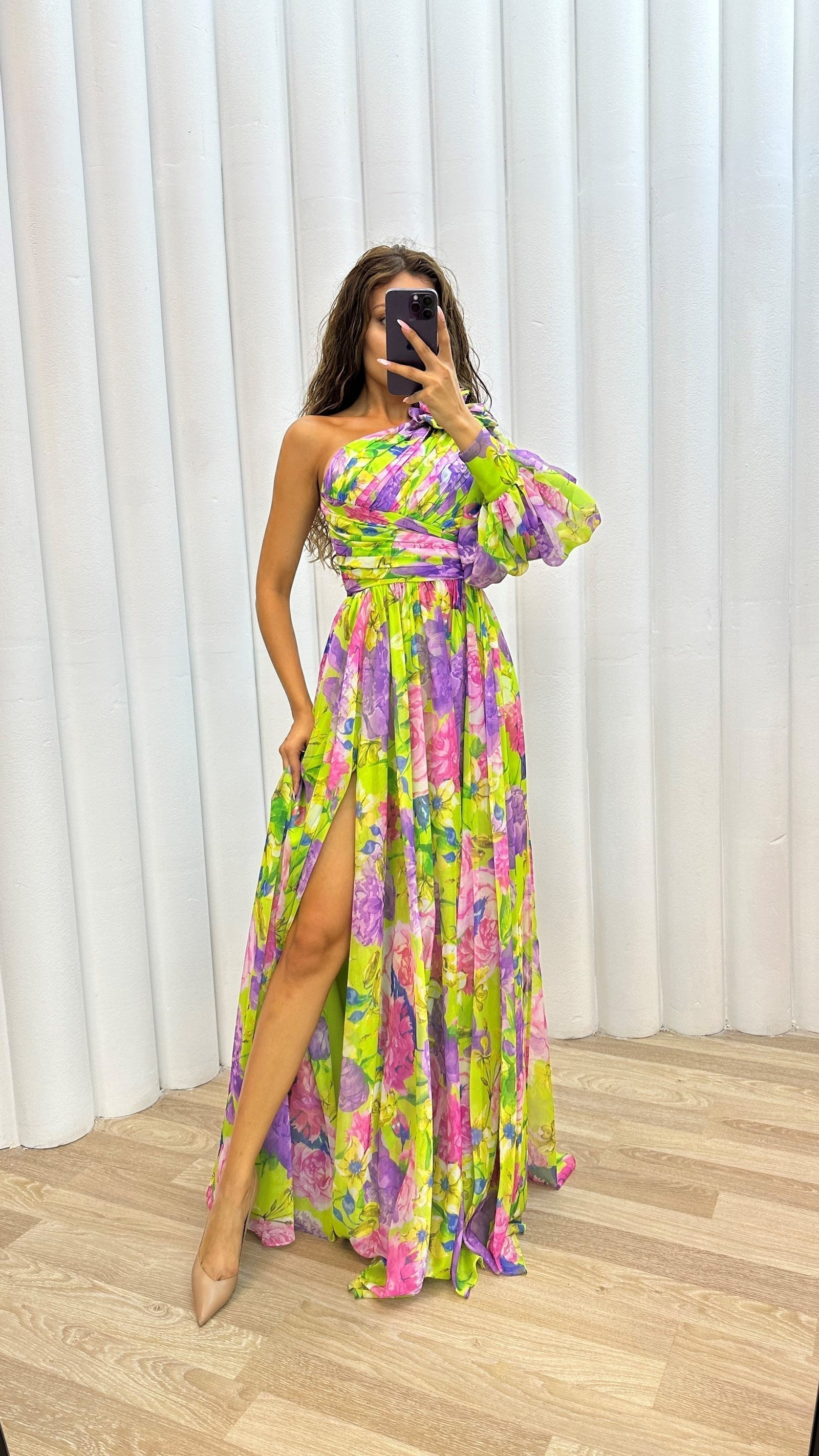 Asymmetric One-Shoulder Maxi Dress with Pleated Skirt in Floral Print for Special Occasions and Evening Events | Koossa