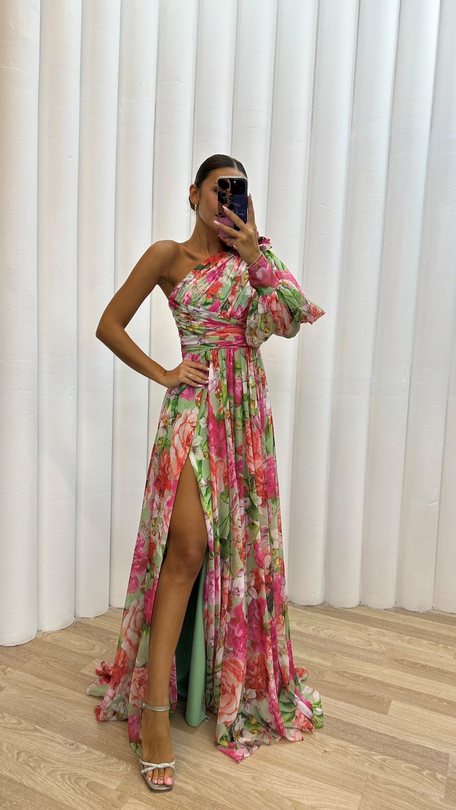 Asymmetric One-Shoulder Maxi Dress with Pleated Skirt in Floral Print for Special Occasions and Evening Events | Koossa