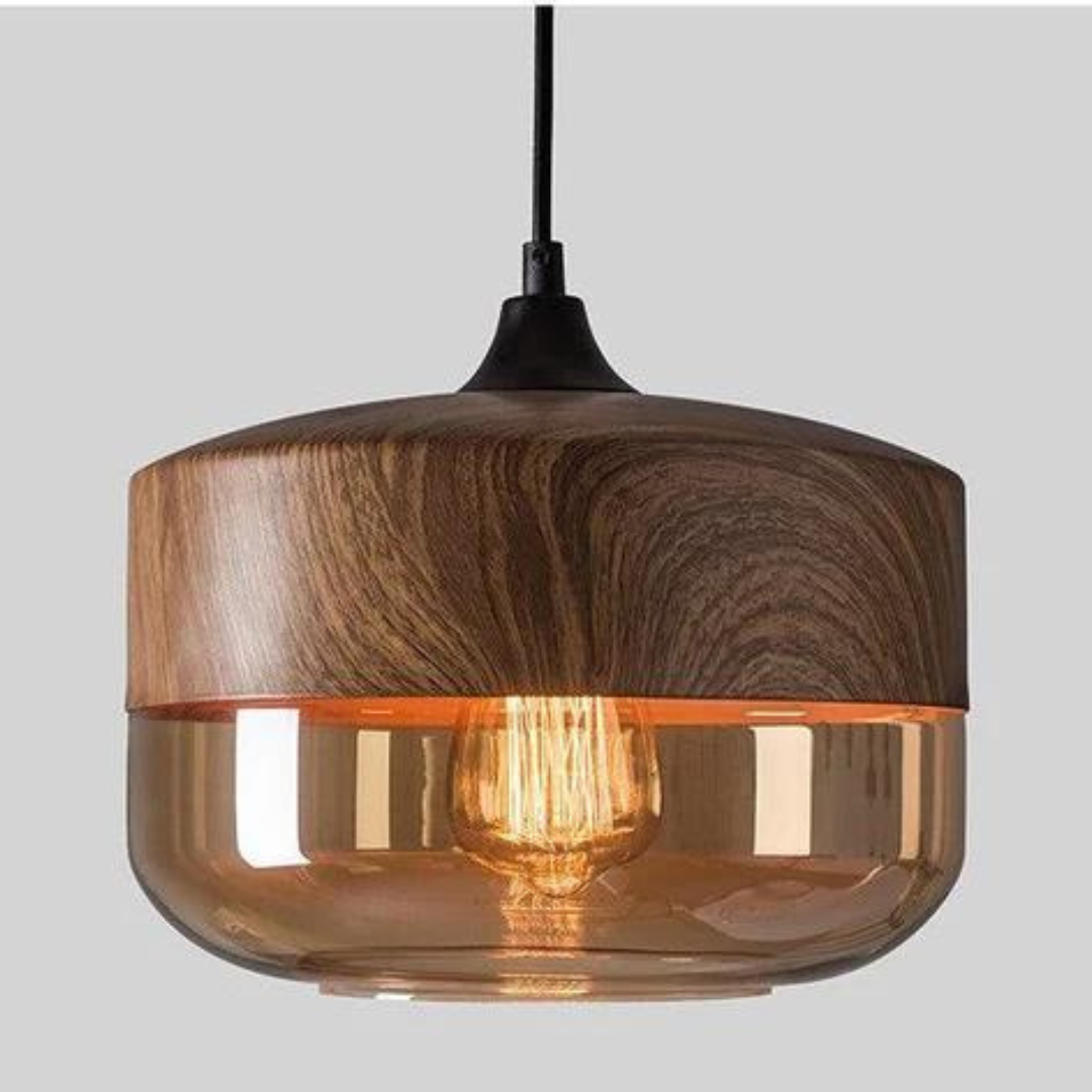 Suspension en Verre Teinté et Métal Effet Bois – Éclairage Ambiance Scandinave Douce pour Salon et Salle à Manger | Koossa
