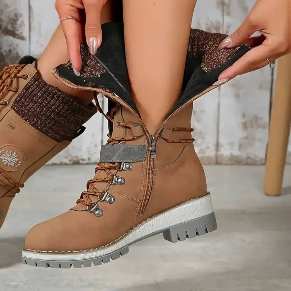 Women's Lace-Up Winter Boots with Knitted Cuff in Black, Grey, Brown | Chunky Anti-Slip Sole for Snow and Ice | Warm Lined Ankle Boots with Buckle Detail | Koossa