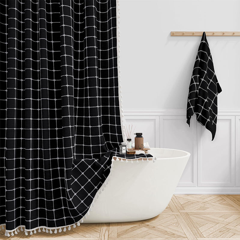 Rideau de Douche en Lin Tissé Imperméable avec Franges Bohème 180×200 cm Salle de Bains Beige à Carreaux | Koossa