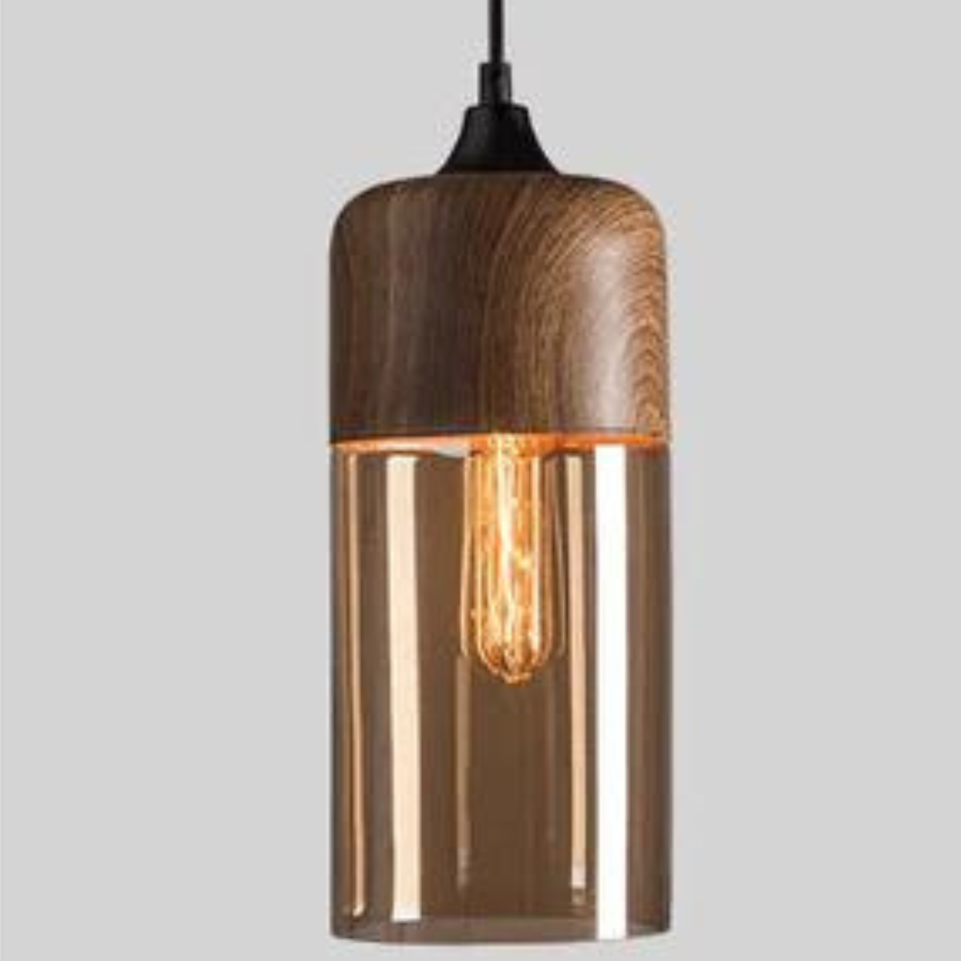Suspension en Verre Teinté et Métal Effet Bois – Éclairage Ambiance Scandinave Douce pour Salon et Salle à Manger | Koossa