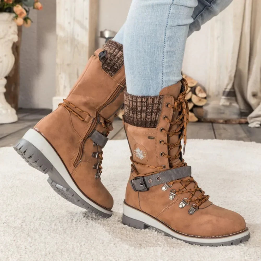 Women's Lace-Up Winter Boots with Knitted Cuff in Black, Grey, Brown | Chunky Anti-Slip Sole for Snow and Ice | Warm Lined Ankle Boots with Buckle Detail | Koossa