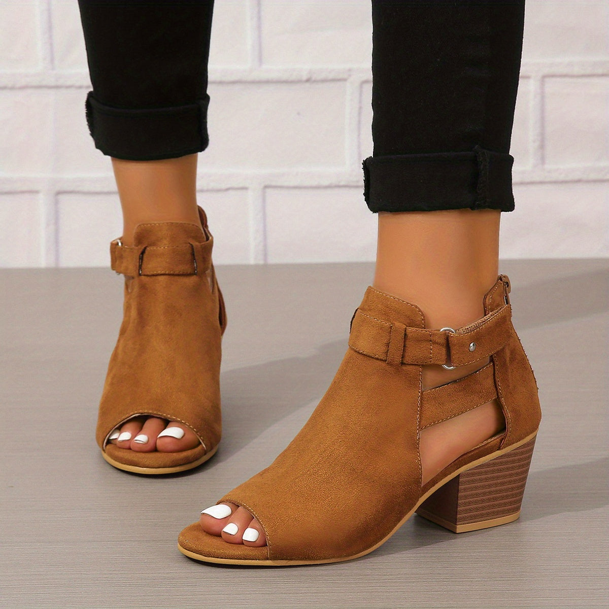 Women's Peep-Toe Block Heel Sandals with Ankle Strap and Cut-Out Detail for Summer Occasions | Koossa
