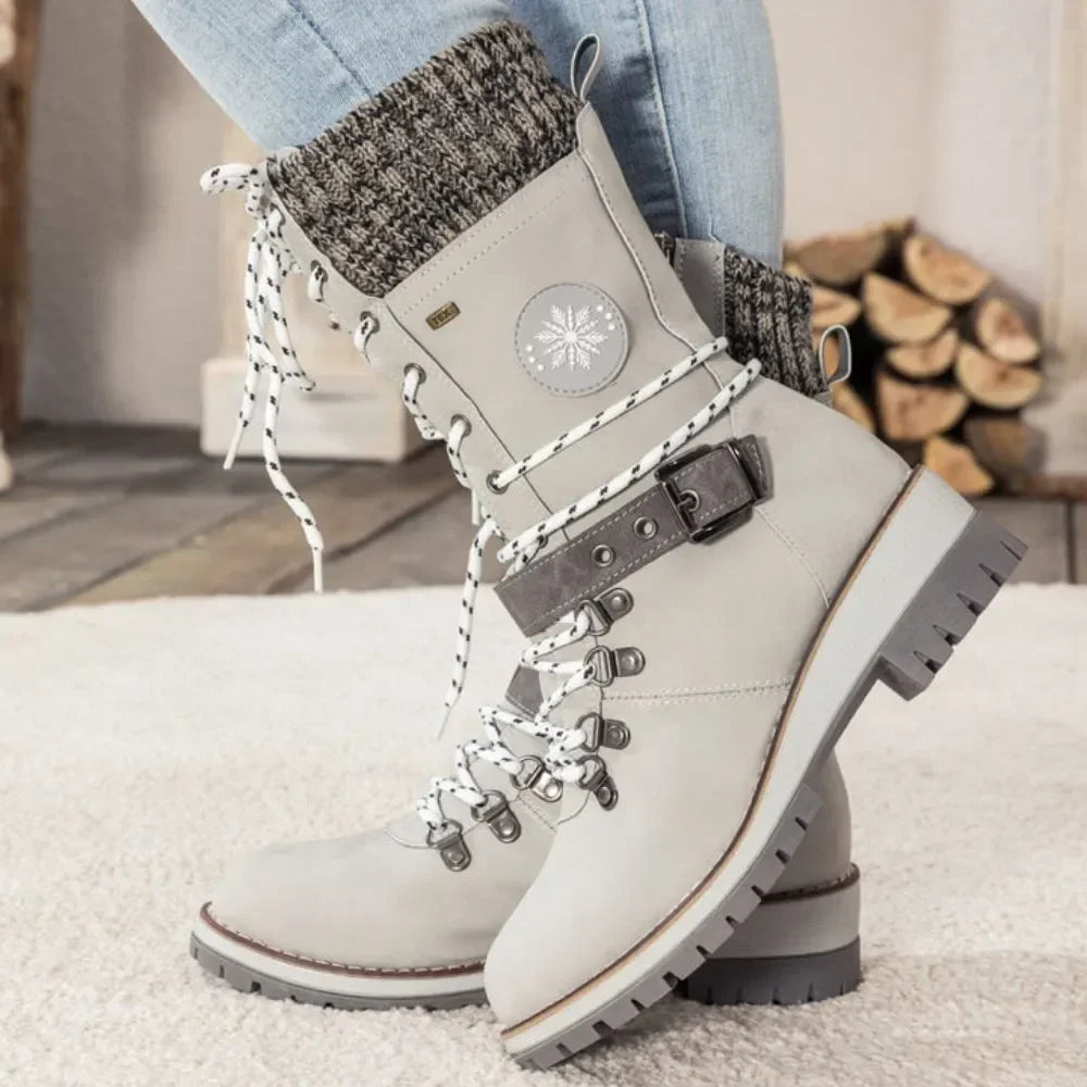 Women's Lace-Up Winter Boots with Knitted Cuff in Black, Grey, Brown | Chunky Anti-Slip Sole for Snow and Ice | Warm Lined Ankle Boots with Buckle Detail | Koossa