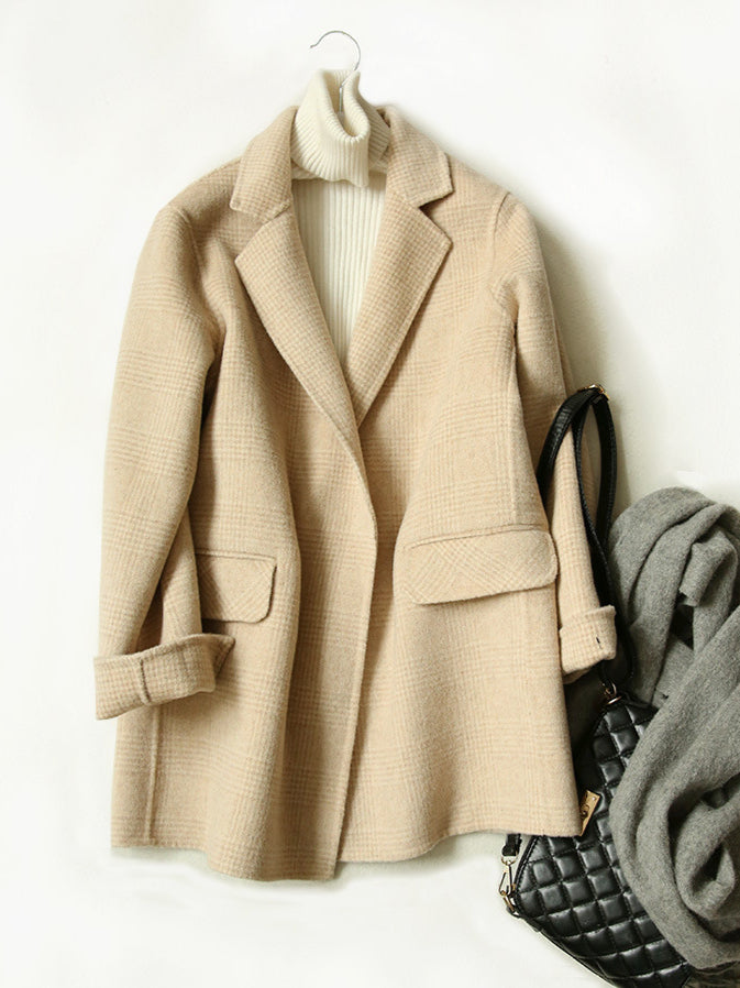 Women's Beige Checked Winter Coat — Classic Double-Breasted Wool-Blend Coat for Cold Weather & Everyday Elegance | Koossa