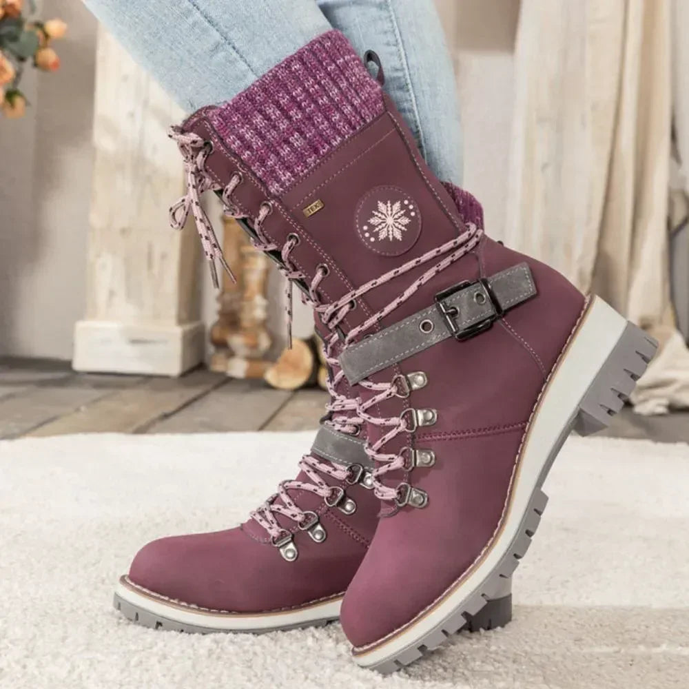 Women's Lace-Up Winter Boots with Knitted Cuff in Black, Grey, Brown | Chunky Anti-Slip Sole for Snow and Ice | Warm Lined Ankle Boots with Buckle Detail | Koossa