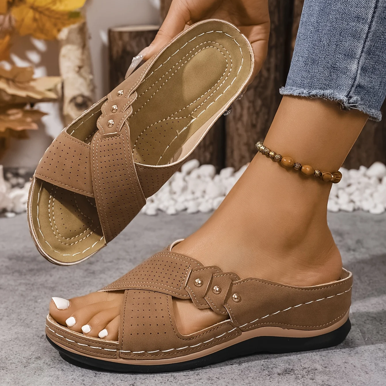 Women's Supportive Wedge Sandals with Cushioned Footbed in Blue, Pink, Brown & Black | Koossa