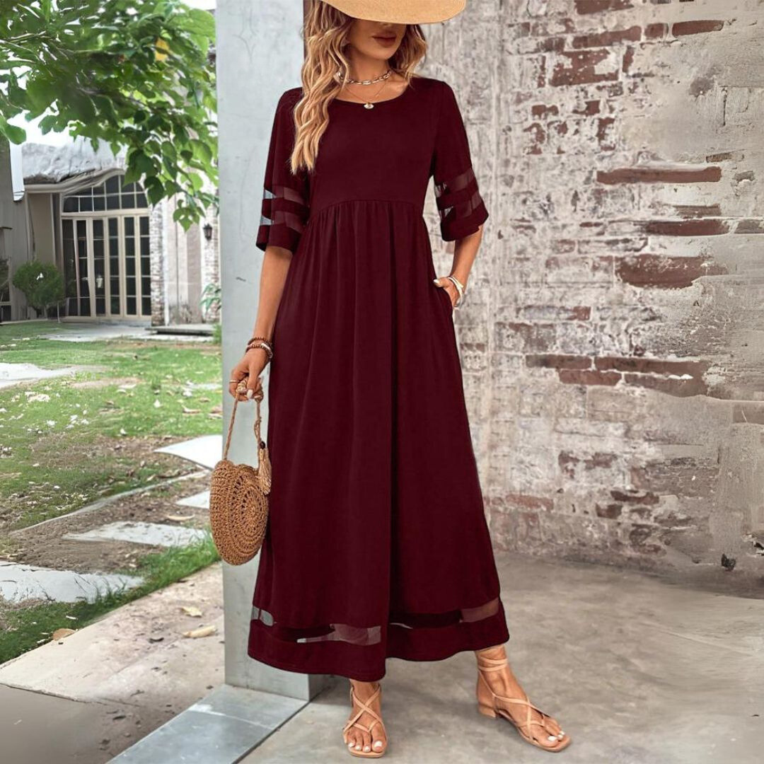 Women's Sheer Sleeve Flowing Maxi Dress in Black, Red & Green | Relaxed Fit A-Line Floor-Length Gown for Special Occasions, Garden Parties & Summer Evenings | Koossa