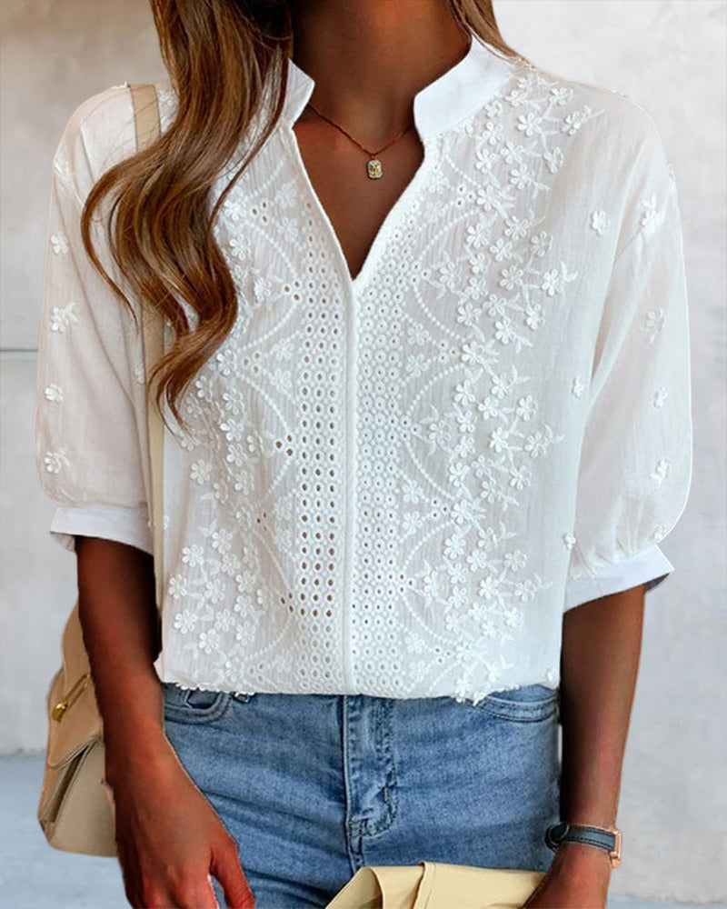 Women's V-Neck Blouse with Puff Sleeves and Embroidered Detailing in White | Koossa