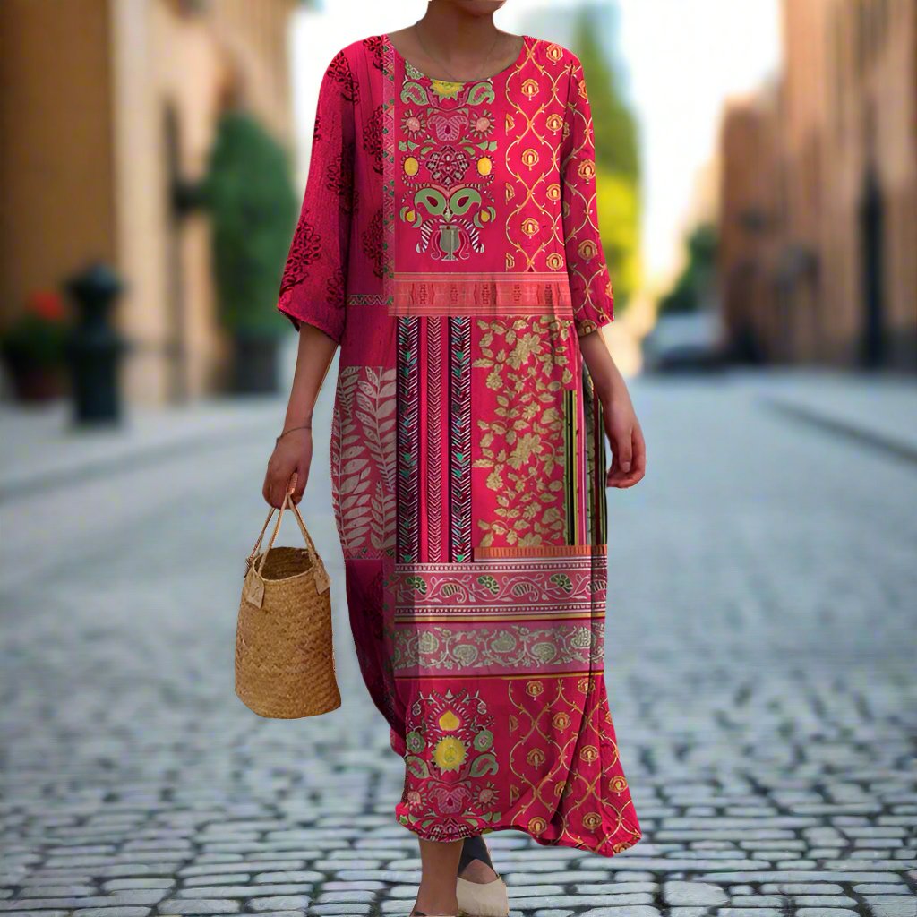 Round Neck Vintage Print Midi Dress in Pink with Relaxed Bohemian Silhouette | Koossa