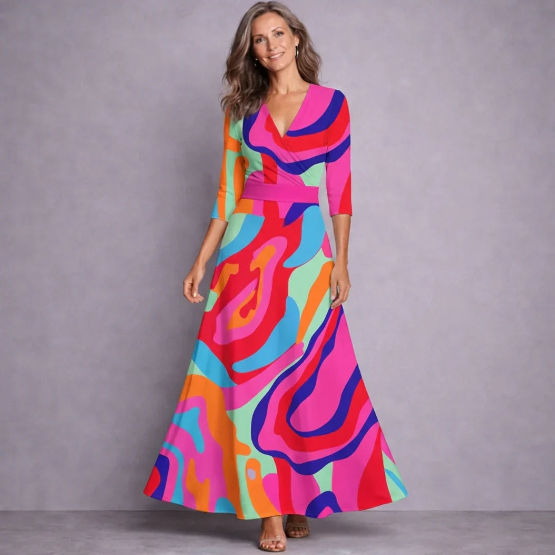 Women's Floral Print Maxi Dress with Mid-Length Sleeves – Elegant Flowing Dress for Weddings, Dinners, and Smart Occasions | Koossa