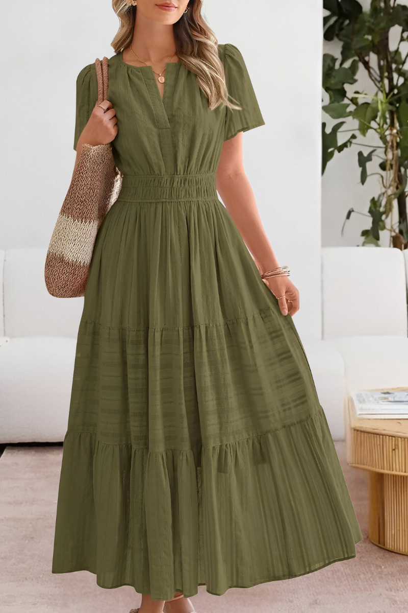 Women's Smocked Waist Midi Dress with Short Sleeves in Lightweight Cotton for Garden Parties and Summer Outings | Koossa