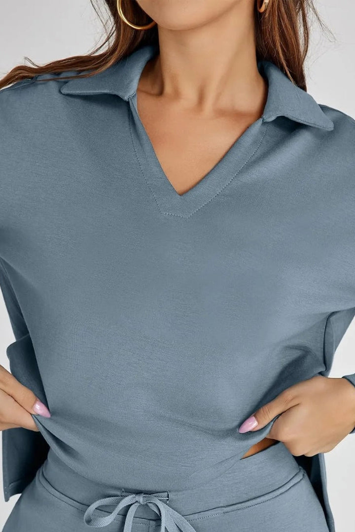 Women's Two-Piece Lounge Set V-Neck Collared Top Wide-Leg Trousers Drawstring Waist Relaxed Fit Comfortable Loungewear Casual Weekend Wear Timeless Minimalist Style | Koossa