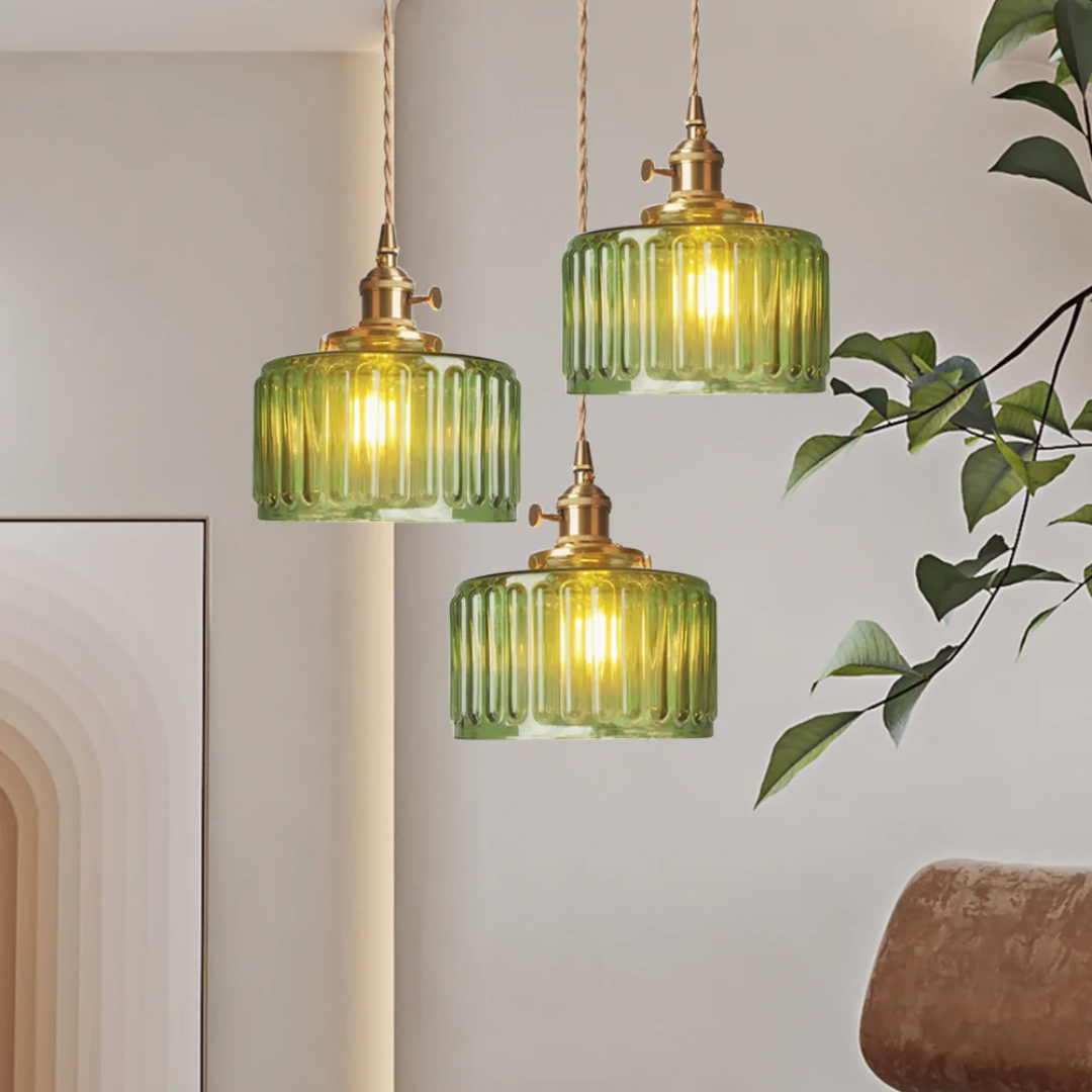 Adjustable Pendant Light with Ribbed Glass Shade, E27 Socket, Green Brass Finish for Kitchen Island, Dining Room & Breakfast Bar | Lonoma