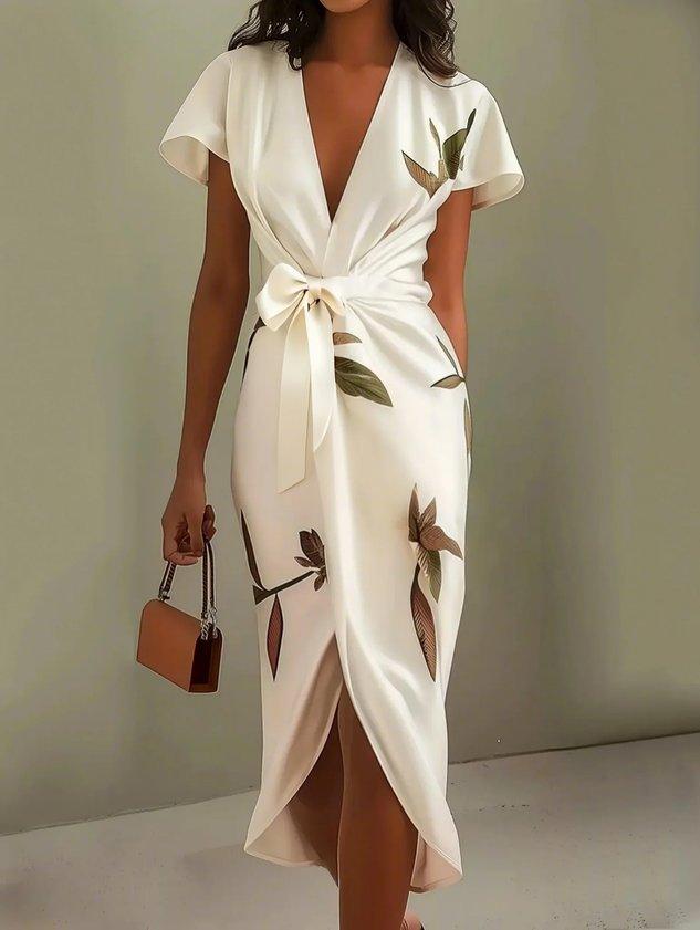 Women's Floral Wrap Midi Dress in Soft Drape Fabric with Leaf Print for Garden Parties Summer Weddings Afternoon Tea | Koossa