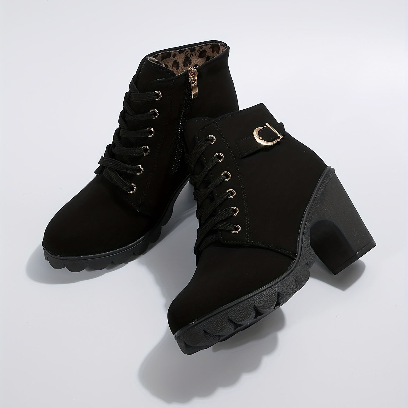 Lace-Up Ankle Boots with Block Heel in Dark Green, Black & Burgundy – Versatile Leather-Look Boots with Side Zip | Koossa
