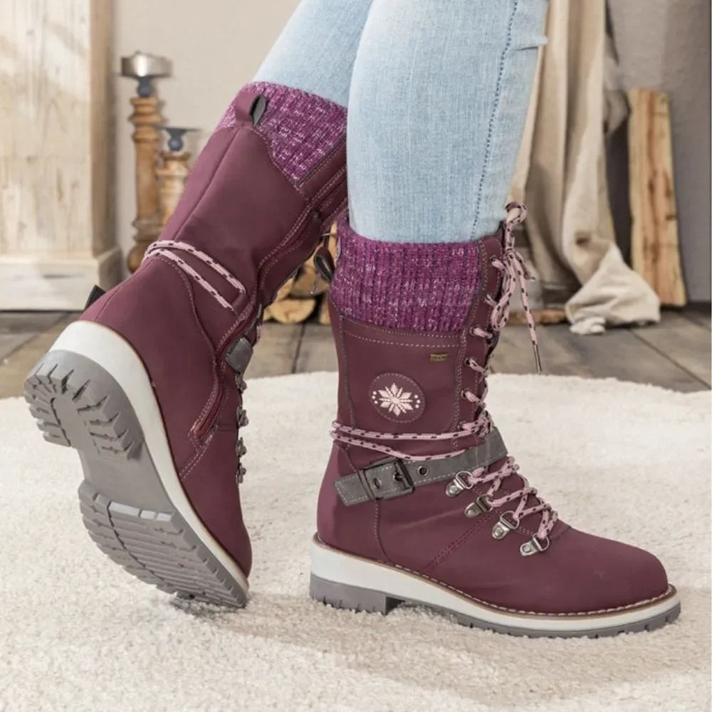 Women's Lace-Up Winter Boots with Knitted Cuff in Black, Grey, Brown | Chunky Anti-Slip Sole for Snow and Ice | Warm Lined Ankle Boots with Buckle Detail | Koossa