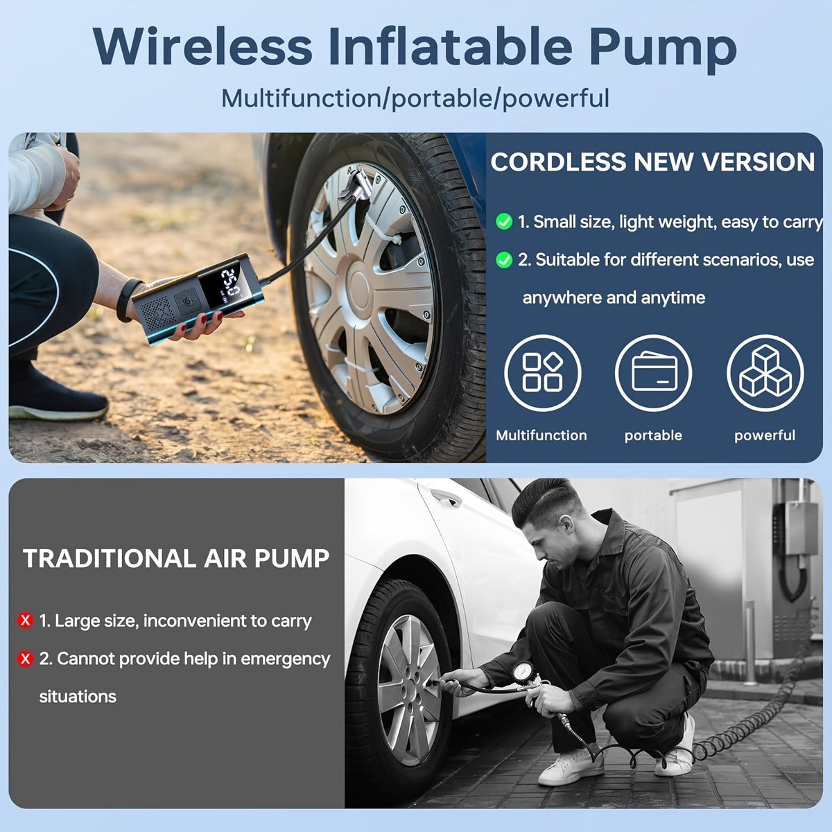 Cordless Tire Inflator Pump with Digital Pressure Gauge and Work Light for Car, Bike, Motorcycle — 150 PSI Rechargeable Air Pump | Lonoma