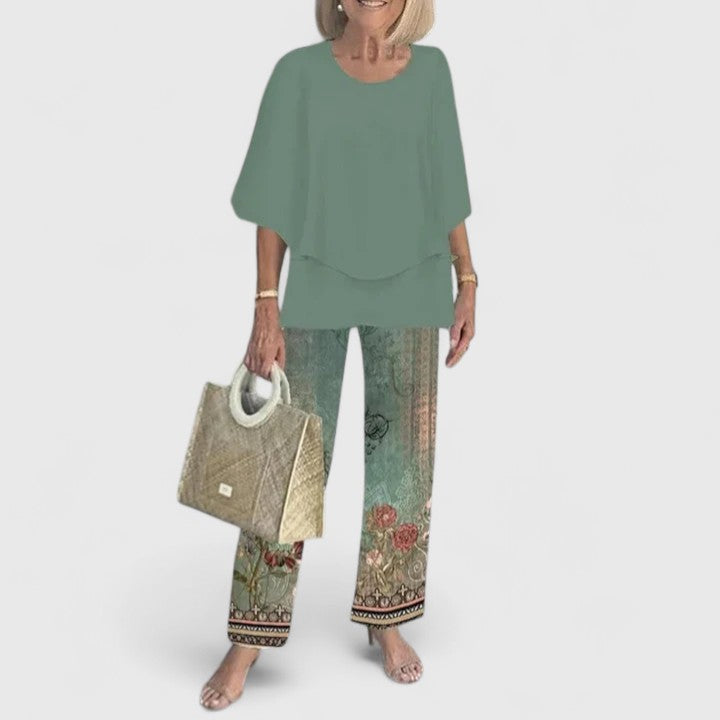 Women's Printed Two-Piece Trousers and Top Set in Coordinated Summer Print | Koossa