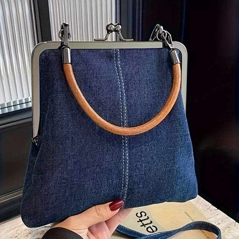 Structured Denim Frame Handbag with Cowhide Leather Handle in Indigo and Light Wash | Koossa