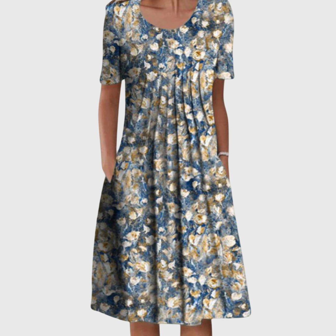 Women's Round Neck Floral Printed Layered Dress in Red, Yellow, and Blue | Classic Elegant Dress for Special Occasions and Everyday Wear | Flattering Fit Tummy Coverage Comfortable Fabric | Koossa