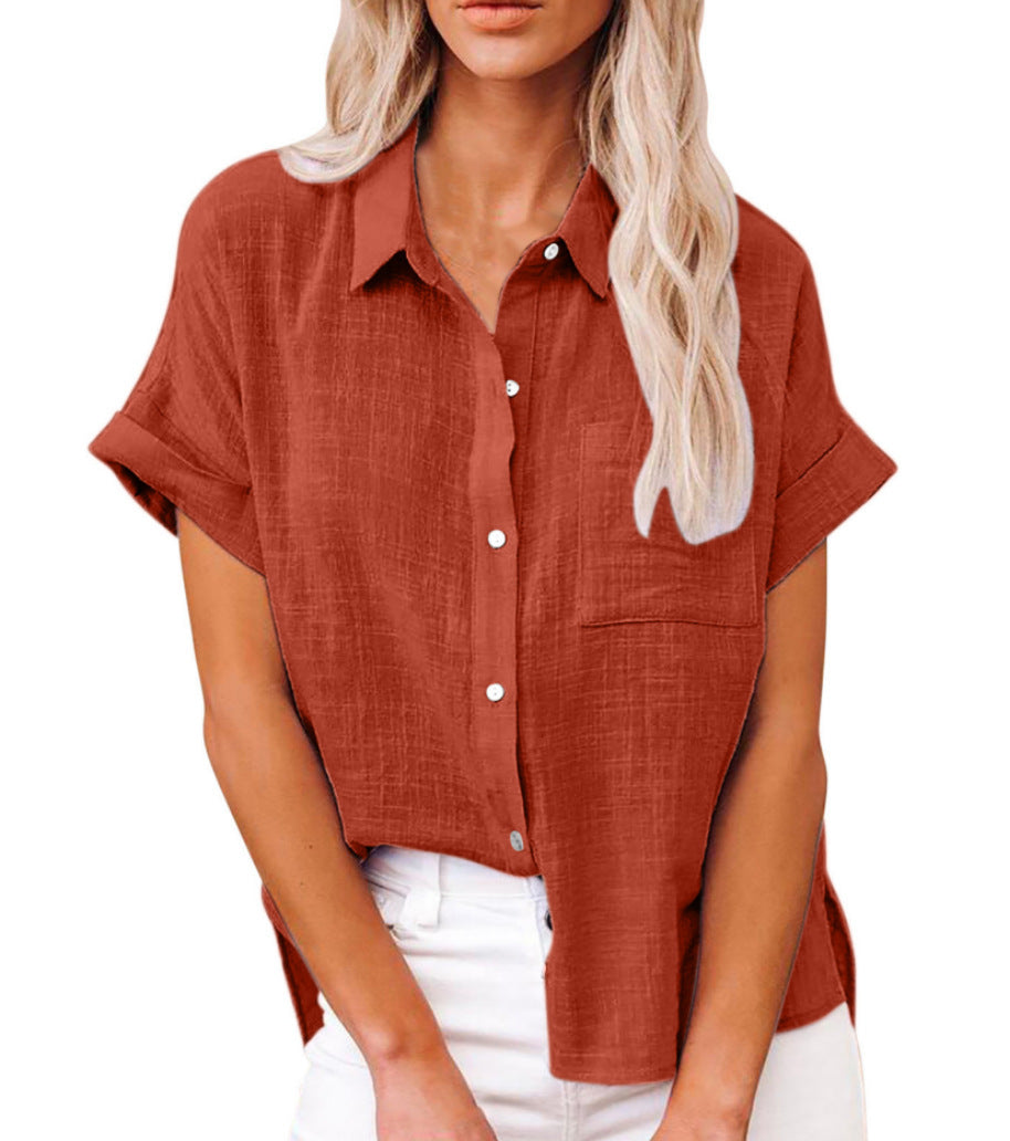 Women's Relaxed Cotton-Linen Blouse – Short Sleeve Shirt for Summer Days & Casual Elegance | Koossa